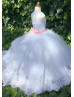 Beaded White Lace Tulle Keyhole Back Flower Girl Dress